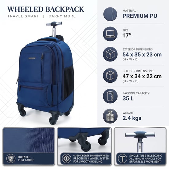 Mochila con ruedas para portátil de 19" azul, PU premium, trolley de 4 ruedas - Image 2