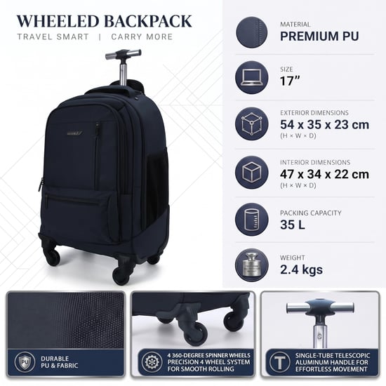 Mochila trolley negra para portátil de 19" de PU premium con 4 ruedas - Image 2