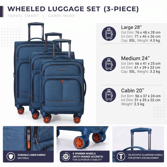 Maleta de lino azul Soft Shell, 8 ruedas, ligera, equipaje de viaje - Image 3