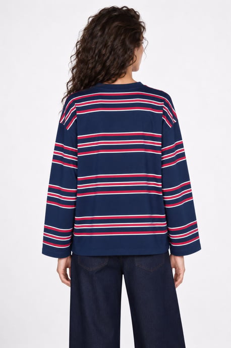 Bipantolon Sudadera oversize de mujer a rayas con cuello redondo - Image 3