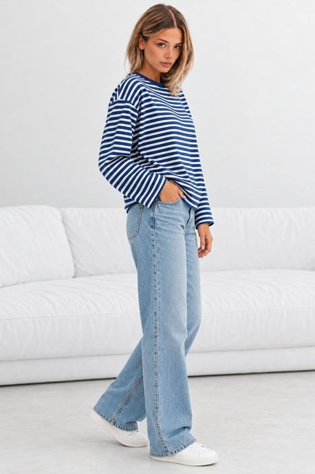 Bipantolon Sudadera oversize de mujer a rayas con cuello redondo - Image 4