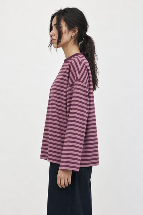 Bipantolon Sudadera oversize de mujer a rayas con cuello redondo - Image 3