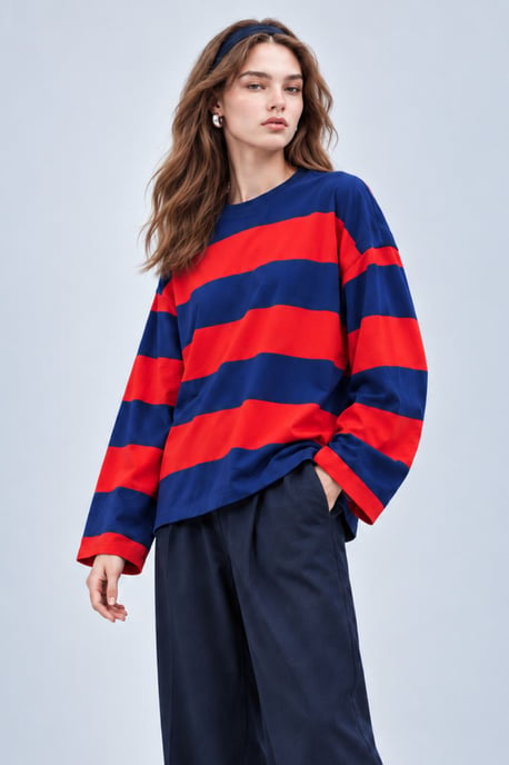 Bipantolon Sudadera oversize de mujer a rayas con cuello redondo - Image 2