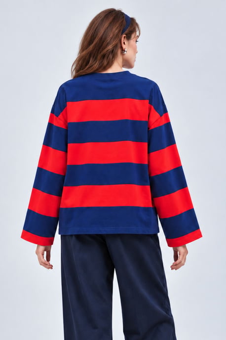 Bipantolon Sudadera oversize de mujer a rayas con cuello redondo - Image 3