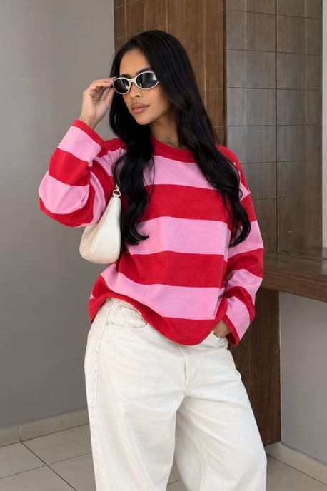 Bipantolon Sudadera de mujer oversize a rayas con cuello redondo - Image 2