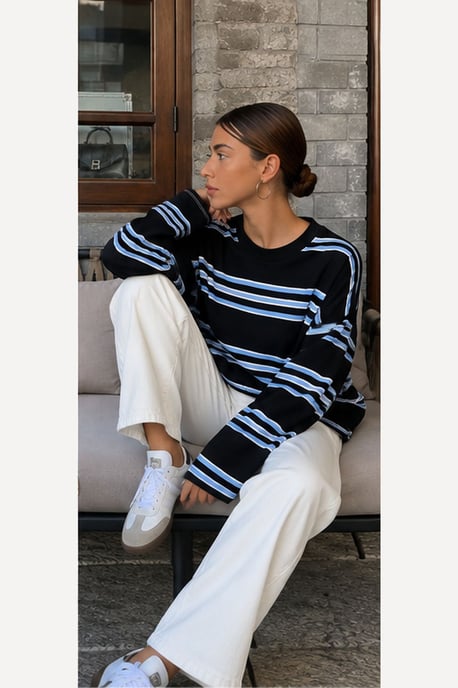 Bipantolon Sudadera oversize de mujer a rayas con cuello redondo - Image 3
