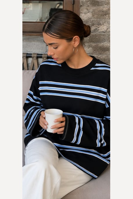 Bipantolon Sudadera oversize de mujer a rayas con cuello redondo - Image 4