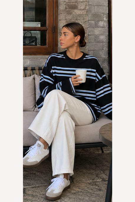 Bipantolon Sudadera oversize de mujer a rayas con cuello redondo - Image 6