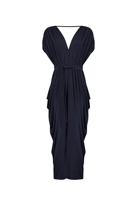 Vestido midi drapeado con espalda descubierta – Azul marino - Image 5