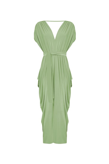 Vestido midi drapeado con espalda abierta – verde salvia - Image 5