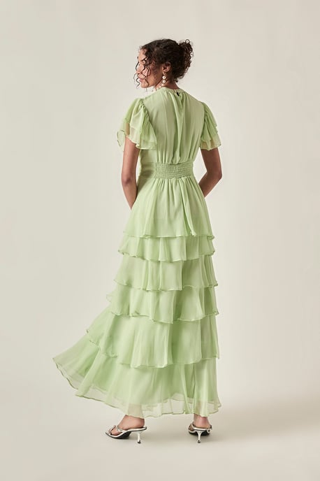 Vestido largo escalonado con volantes – Verde salvia - Image 2