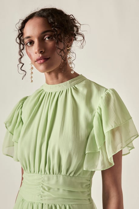 Vestido largo escalonado con volantes – Verde salvia - Image 3