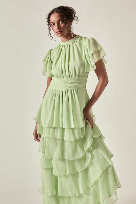 Vestido largo escalonado con volantes – Verde salvia - Image 4