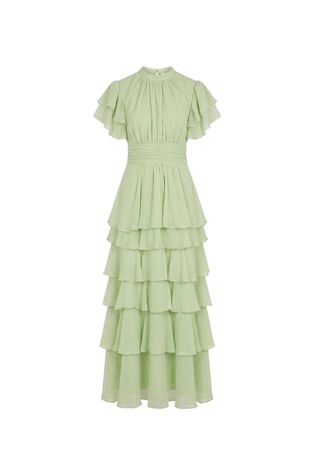 Vestido largo escalonado con volantes – Verde salvia - Image 5