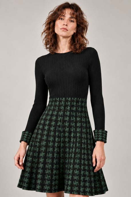Vestido de punto de pata de gallo verde y negro - Image 3
