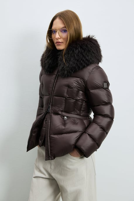LUFIAN Chaqueta acolchada de plumón brillante para mujer con cuello de piel sintética extraíble - Image 2