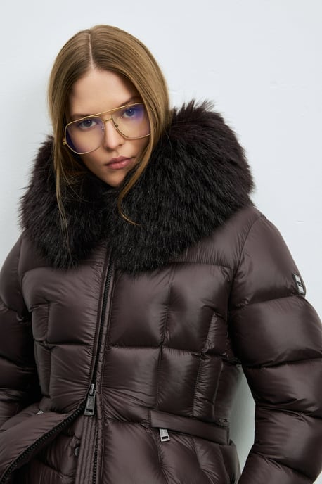 LUFIAN Chaqueta acolchada de plumón brillante para mujer con cuello de piel sintética extraíble - Image 3