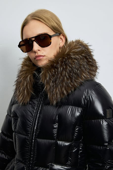 LUFIAN Chaqueta acolchada de plumas brillante para mujer con cuello de pelo sintético extraíble - Image 3