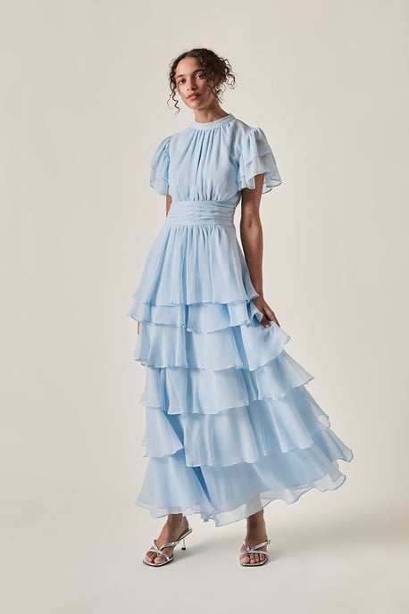 Vestido midi escalonado con volantes Azul claro - Image 1