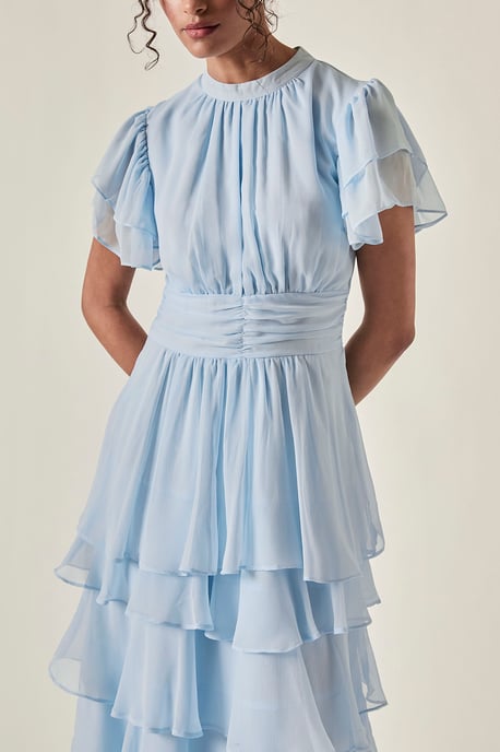 Vestido midi escalonado con volantes Azul claro - Image 4
