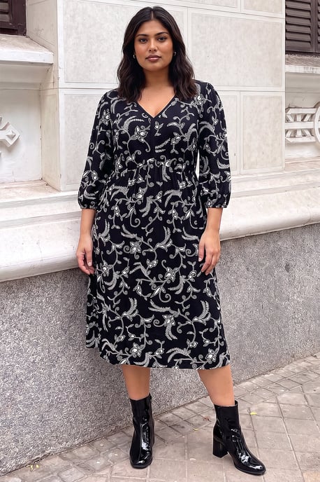 Roman Curve Floral Vestido elástico con escote de pico - Image 1