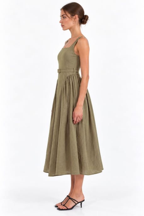 Vestido midi con escote cuadrado y cinturón - Image 2
