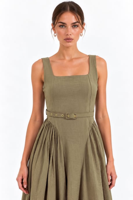 Vestido midi con escote cuadrado y cinturón - Image 3