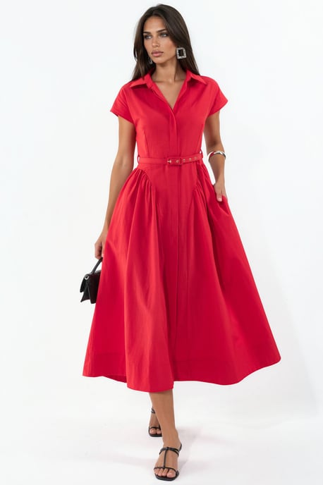 Vestido midi con cinturón y cuello de camisa - Image 1