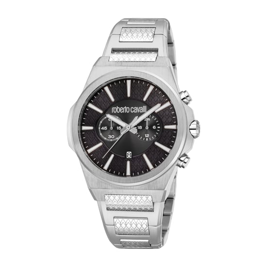 ROBERTO CAVALLI Reloj de hombre, caja de color plateado, esfera negra, brazalete metálico de acero inoxidable, cronógrafo, 10 ATM - Image 1