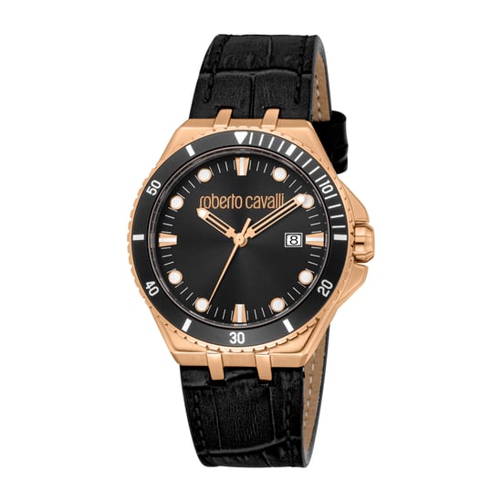 ROBERTO CAVALLI Reloj de hombre, caja de color oro rosa, esfera negra, correa de piel negra, 3 agujas, fecha, 10 ATM - Image 1