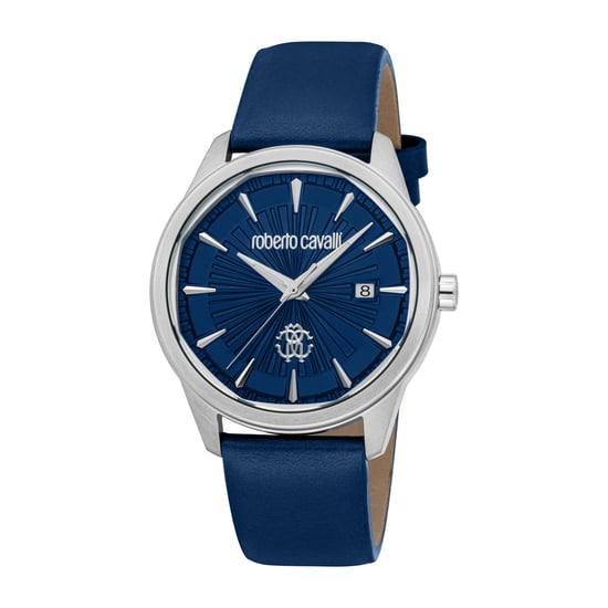 ROBERTO CAVALLI Reloj de hombre, caja de color plateado, esfera azul oscuro, correa de cuero azul oscuro, 3 agujas, fecha, 5 ATM - Image 1