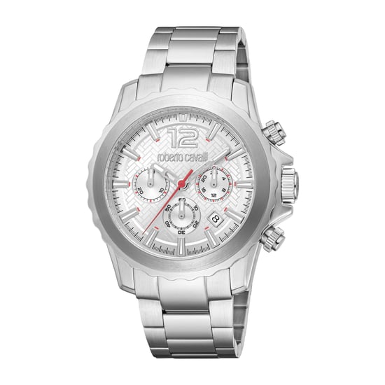 ROBERTO CAVALLI Reloj para hombre, caja de color plateado, esfera plateada, brazalete metálico de acero inoxidable, cronógrafo, 10 ATM - Image 1