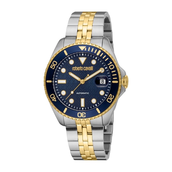 ROBERTO CAVALLI Reloj de hombre, caja en color plateado y dorado, esfera azul oscuro, brazalete metálico en color plateado y dorado, automático, 10 ATM - Image 1