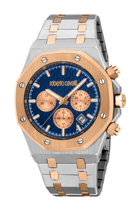 ROBERTO CAVALLI Reloj de hombre, caja en color plateado y dorado rosa bicolor, esfera azul oscuro, brazalete metálico en color plateado y dorado rosa bicolor, cronógrafo, 3 ATM - Image 1