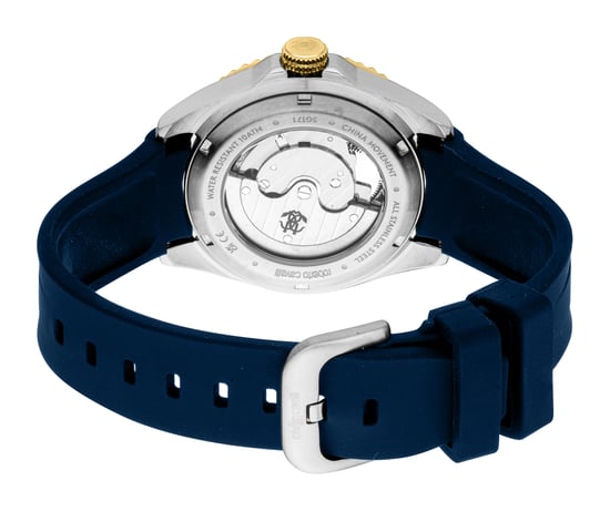ROBERTO CAVALLI Reloj de hombre, caja bicolor en color plateado y dorado, esfera azul oscuro, correa de silicona azul oscuro, automático, 10 ATM - Image 2