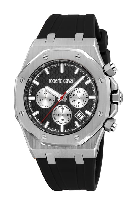 ROBERTO CAVALLI Reloj de hombre, caja de color plateado, esfera negra, correa de silicona negra, cronógrafo, 3 ATM - Image 1