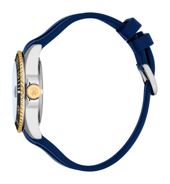 ROBERTO CAVALLI Reloj de hombre, caja bicolor en color plateado y dorado, esfera azul oscuro, correa de silicona azul oscuro, automático, 10 ATM - Image 3