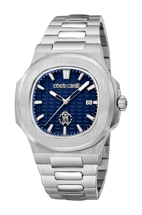 ROBERTO CAVALLI Reloj para hombre, caja de color plateado, esfera azul oscuro, brazalete metálico de acero inoxidable, 3 agujas, fecha, 3 ATM - Image 1