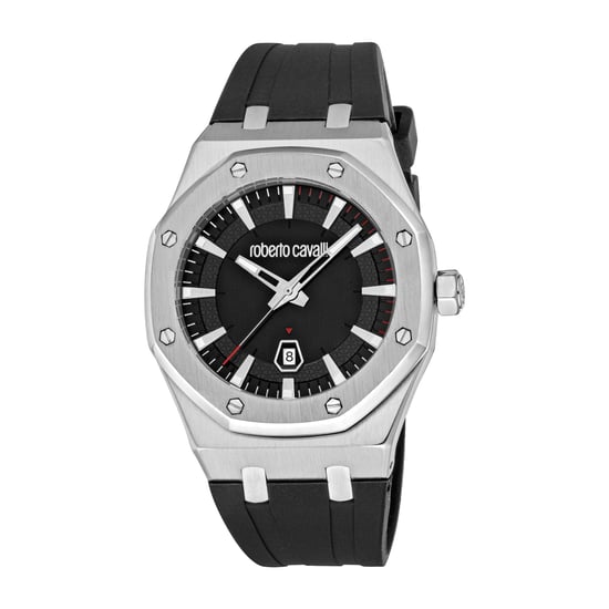 ROBERTO CAVALLI Reloj de hombre, caja de color plateado, esfera negra, correa de silicona negra, 3 agujas, fecha, 3 ATM - Image 1