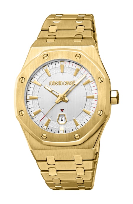 ROBERTO CAVALLI Reloj de hombre, caja dorada, esfera plateada, brazalete de metal dorado, 3 agujas, fecha, 3 ATM - Image 1