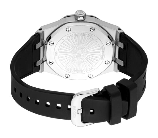 ROBERTO CAVALLI Reloj de hombre, caja de color plateado, esfera negra, correa de silicona negra, 3 agujas, fecha, 3 ATM - Image 2