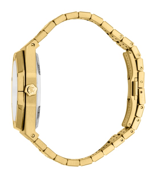 ROBERTO CAVALLI Reloj de hombre, caja dorada, esfera plateada, brazalete de metal dorado, 3 agujas, fecha, 3 ATM - Image 3