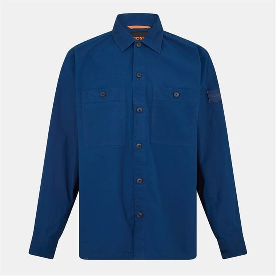 Camisa overshirt Boss para hombre lisa con botones a presión, cuello camisero y puños de barril en azul Open Blue 466 - Image 1