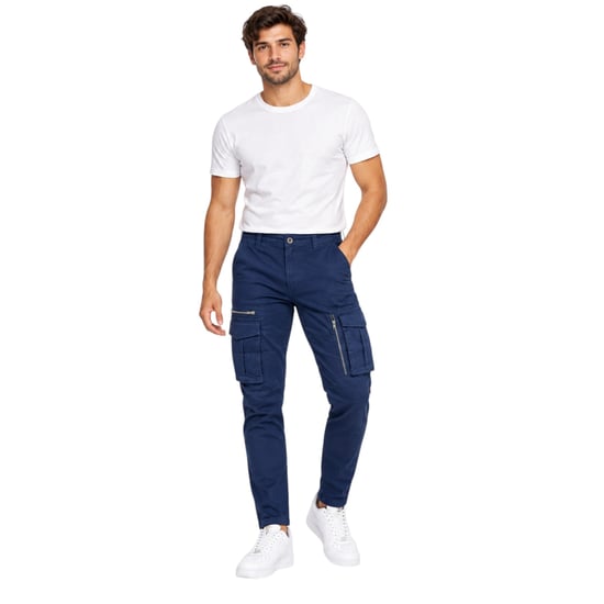 Joss Pantalón cargo de hombre Regular Fit con bolsillos con cremallera de algodón elástico - Image 1
