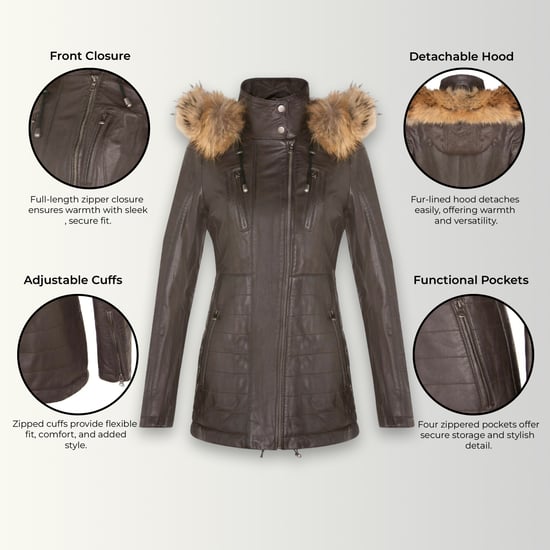 Parka de cuero acolchado marrón para mujer - Winton - Image 3