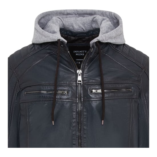Chaqueta motera de piel de cordero con capucha azul para hombre - Kingston - Image 5