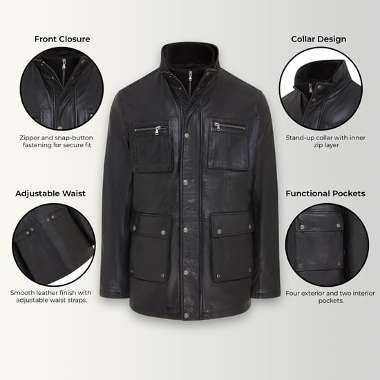 Chaqueta militar de cuero negro para hombre - Abrigo de campo - Image 3