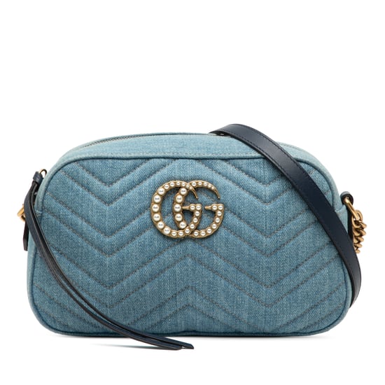 Cruzada Perla Denim Matelassé Gg Marmont Pequeña de Segunda Mano - Image 1