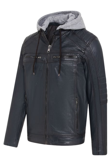 Chaqueta motera de piel de cordero con capucha azul para hombre - Kingston - Image 4