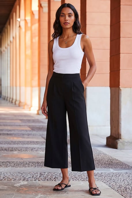 Elastic Waist Wide Leg Cropped Culottes - Image 1